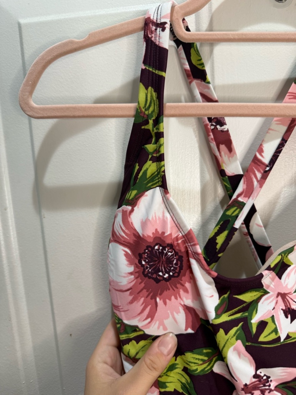 Kona Sol Maroon with Pink and Green Floral Crossback One Piece w/ Ruched Ties